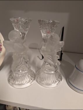 Clear Glass Cherub Candle Holders - Pair Vintage